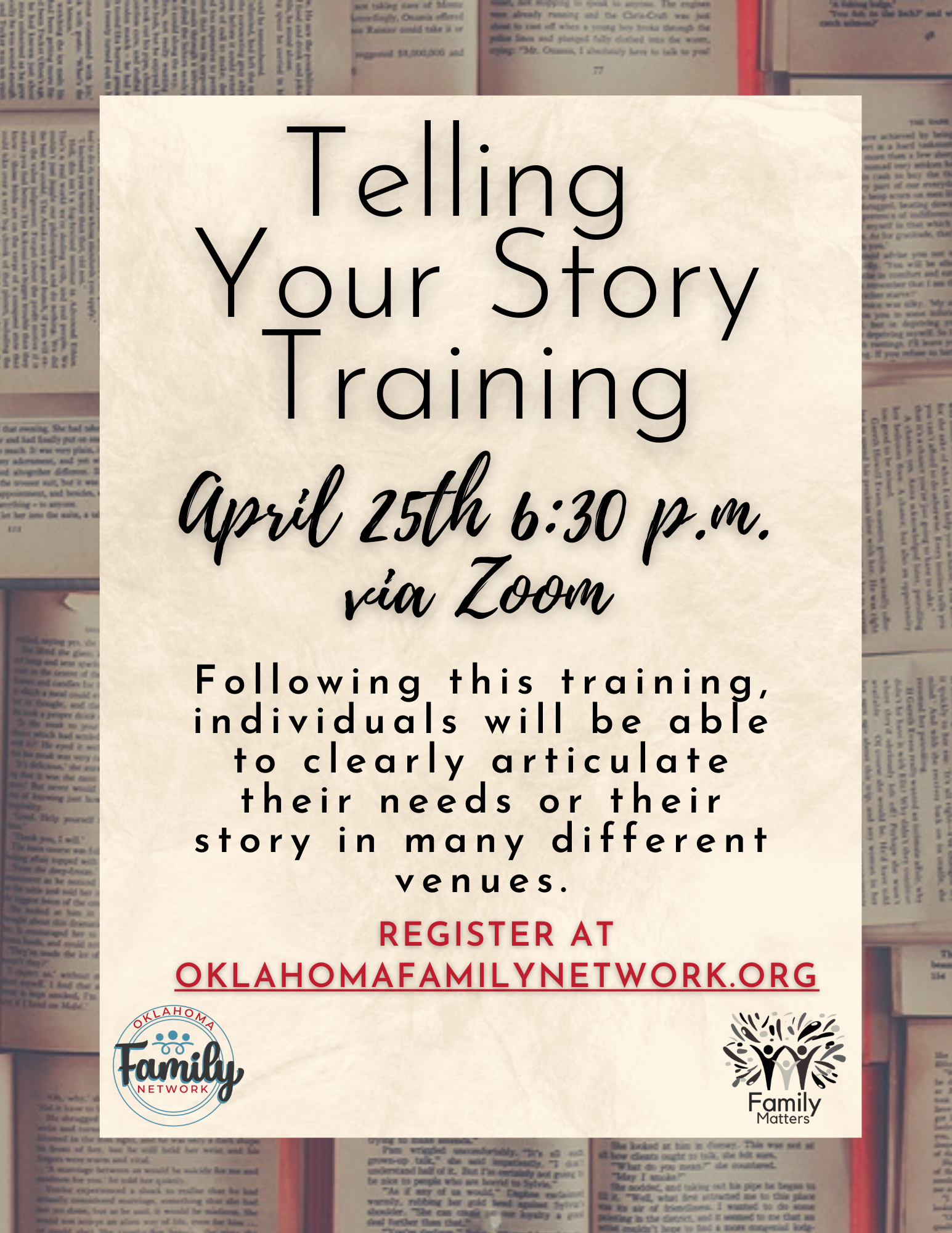 Telling your story training April 25th at 6:30 p.m. via zoom